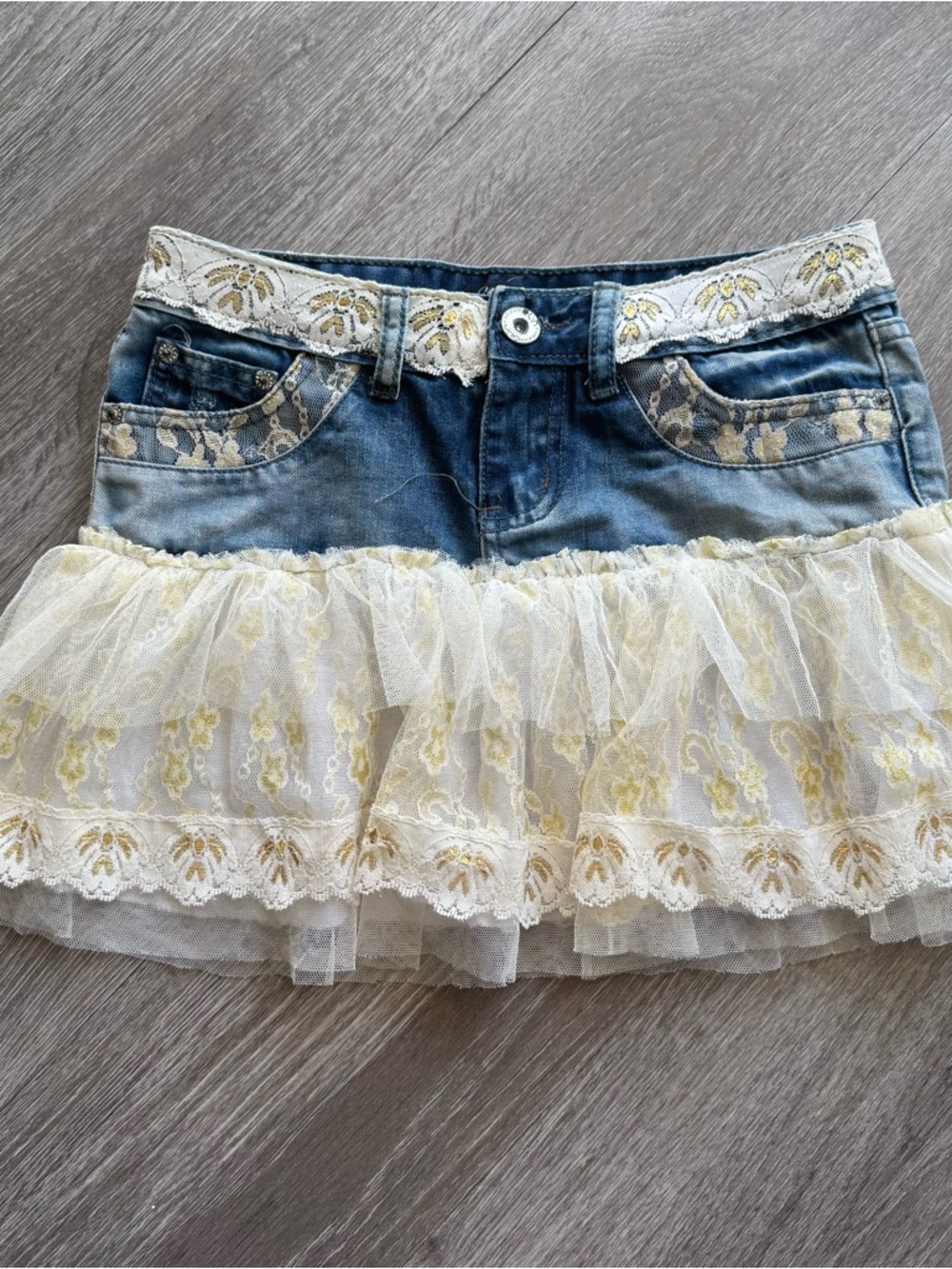 Denim Lace Gold Embellished Cottagecore Y2K Fairy Women’s Tiered Mini Skirt